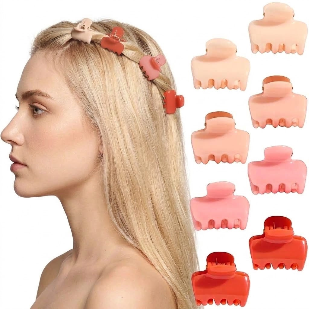 Zestaw mini klamerek do włosów w kształcie chmurek ellemania w odcieniach różu i czerwieni na blond włosach modelki