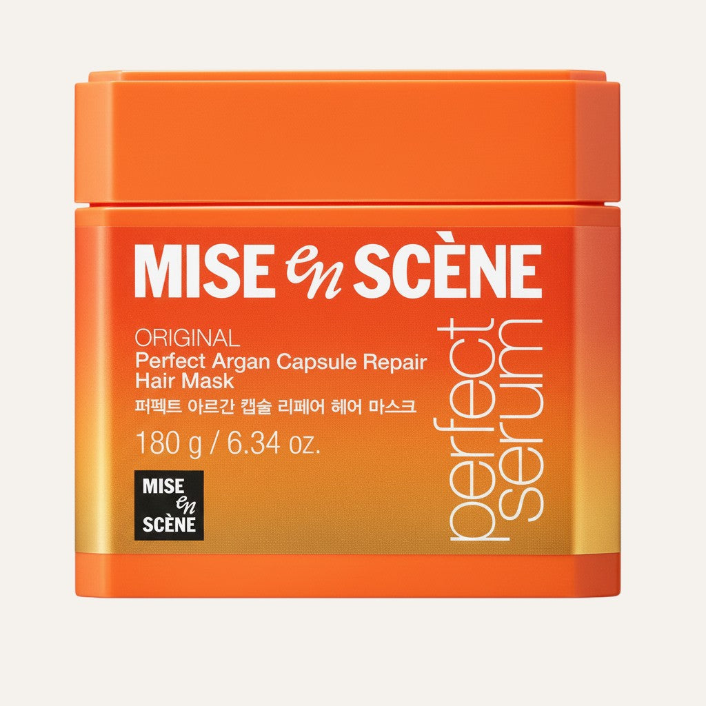 Pomarańczowy słoiczek maski do włosów Mise En Scene Perfect Serum Capsule Repair dostępny w sklepie ellemania