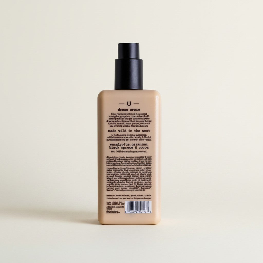 ellemania Routine Natural Beauty nawilżający krem do ciała w beżowej butelce z pompką i czytelną etykietą
