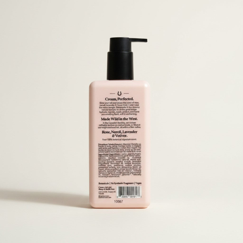 ellemania Routine Natural Beauty nawilżający krem do ciała w różowej butelce z pompką i etykietą z opisem składników