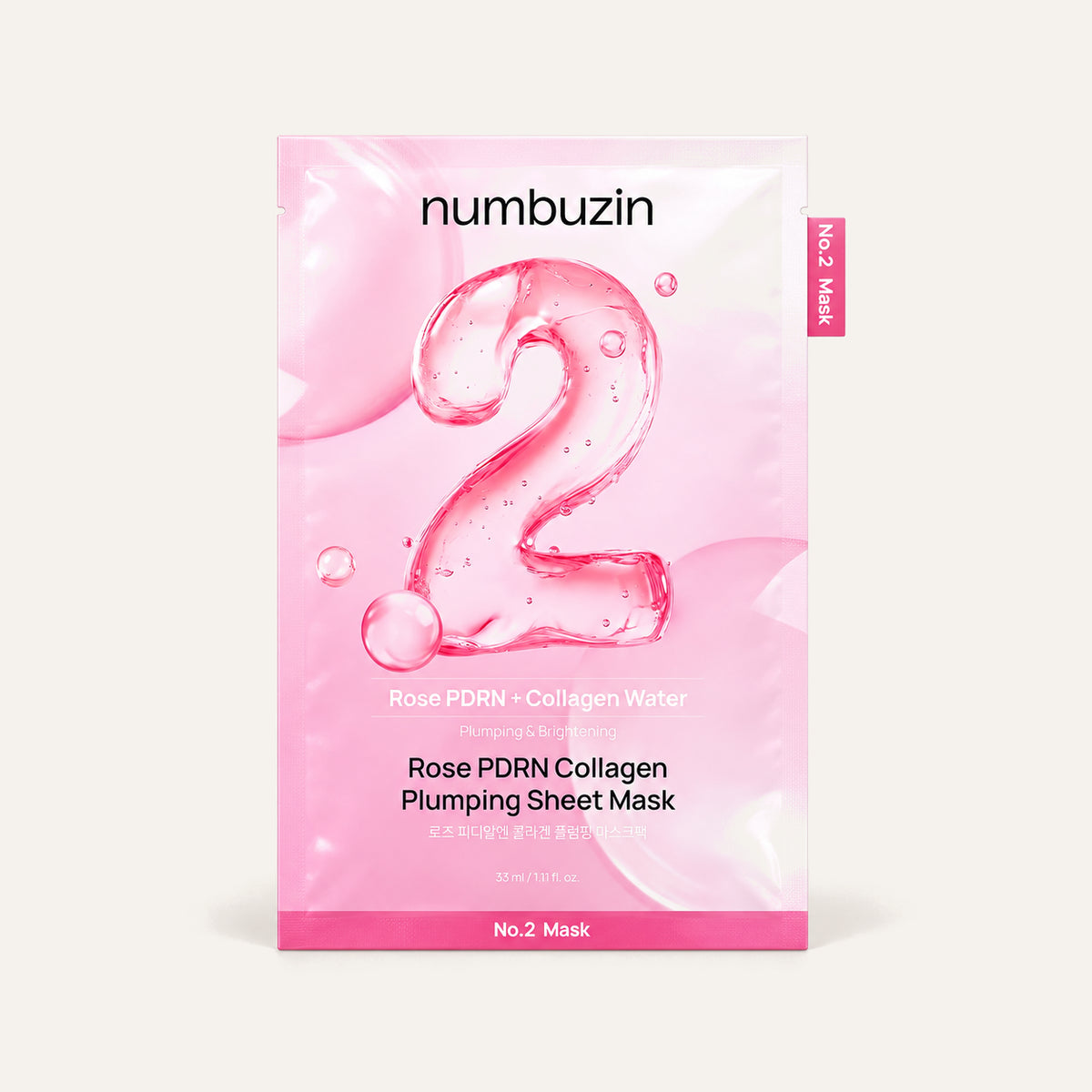 numbuzin No.2 Rose PDRN Collagen Plumping Sheet Mask 33 ml, pink sachet, front view | Ellemania