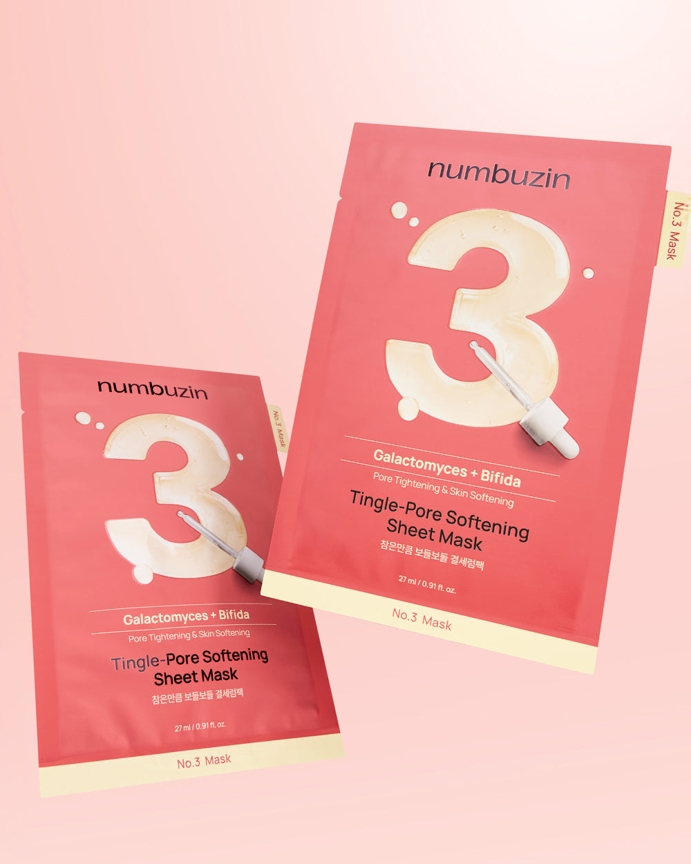 numbuzin No.3 Tingle-Pore Softening Sheet Mask - dwie saszetki maski na różowym tle | Ellemania