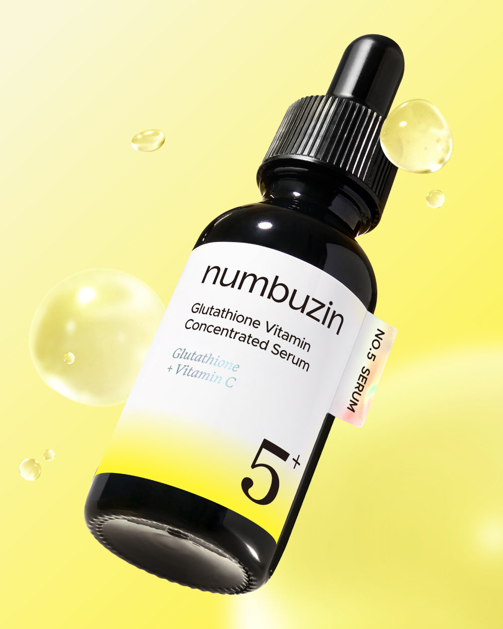 numbuzin No.5+ Glutathione Vitamin Concentrated Serum - butelka serum na żółtym tle | Ellemania