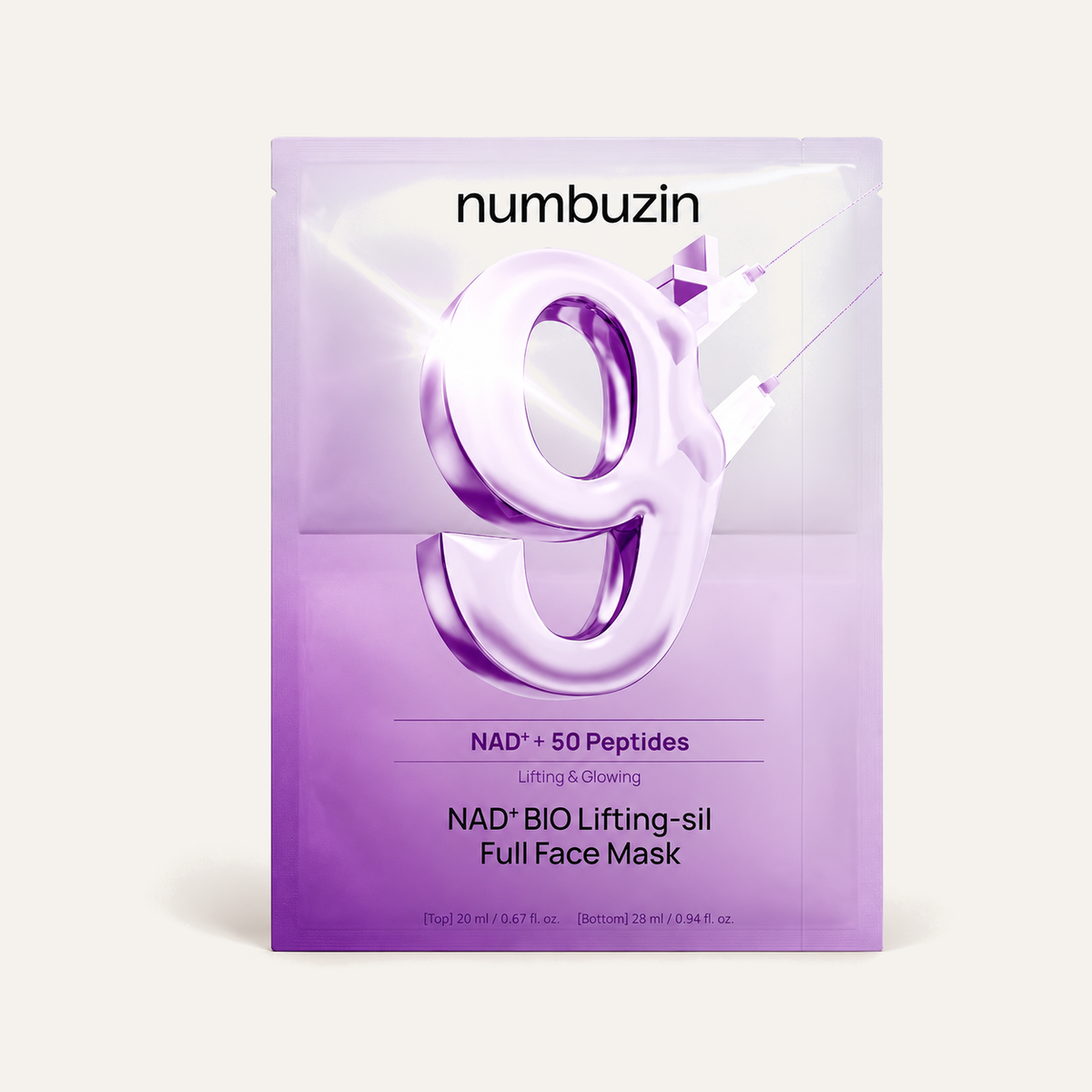 numbuzin No.9 NAD+ BIO Lifting-sil Full Face Mask, purple sachet, front view | Ellemania