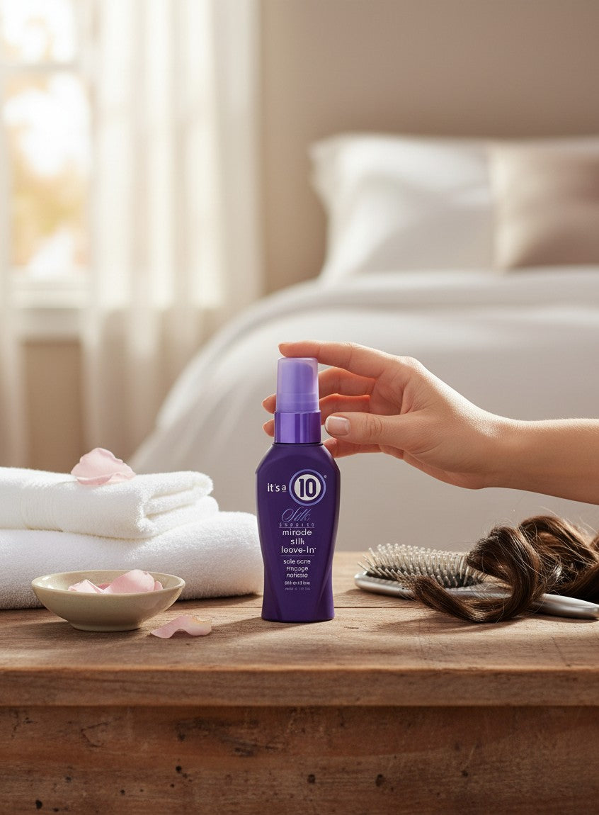 ellemania It's a 10 Miracle Silk odżywka bez spłukiwania w fioletowej butelce z atomizerem na drewnianym stole
