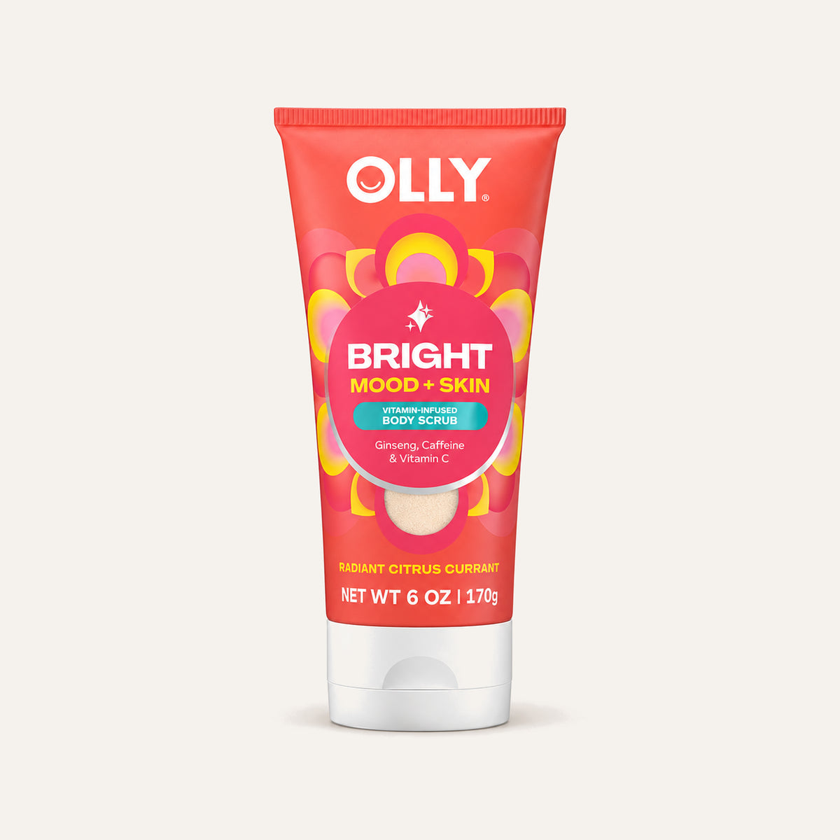 OLLY Bright Mood + Skin Body Scrub, orange tube, front view | Ellemania