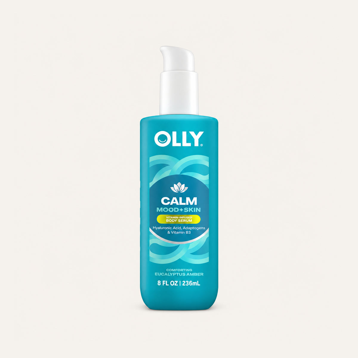Olly Calm Mood + Skin Body Serum 236 ml, blue pump bottle, front view | Ellemania