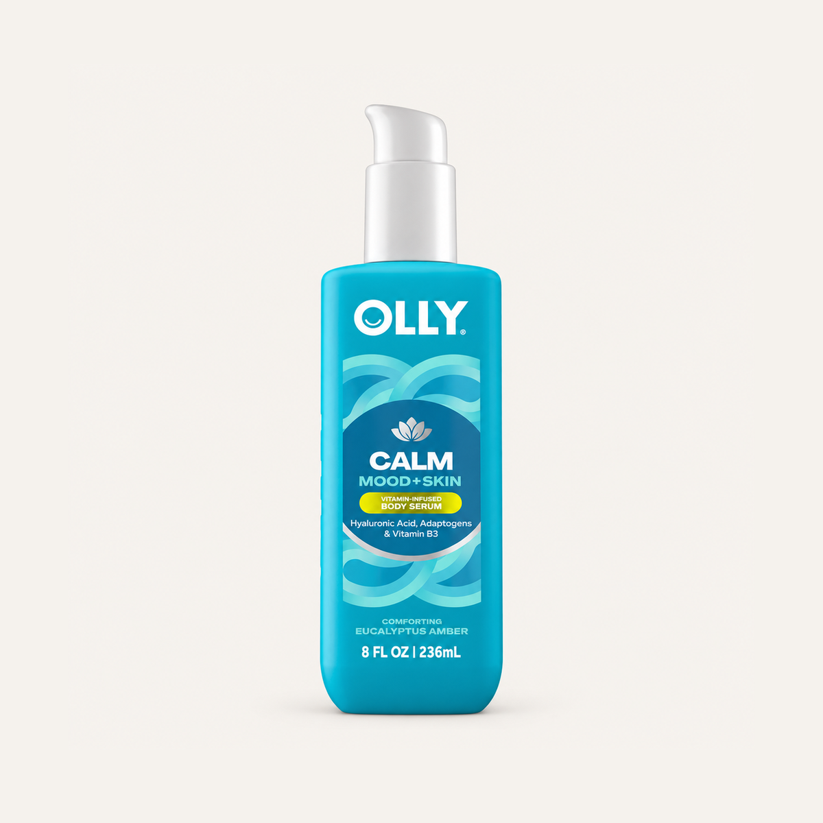 Olly Calm Mood + Skin Body Serum 236 ml, blue pump bottle, front view | Ellemania