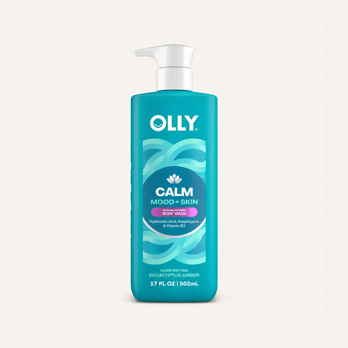 OLLY Calm Mood + Skin Body Wash 502 ml, blue pump bottle, front view | Ellemania