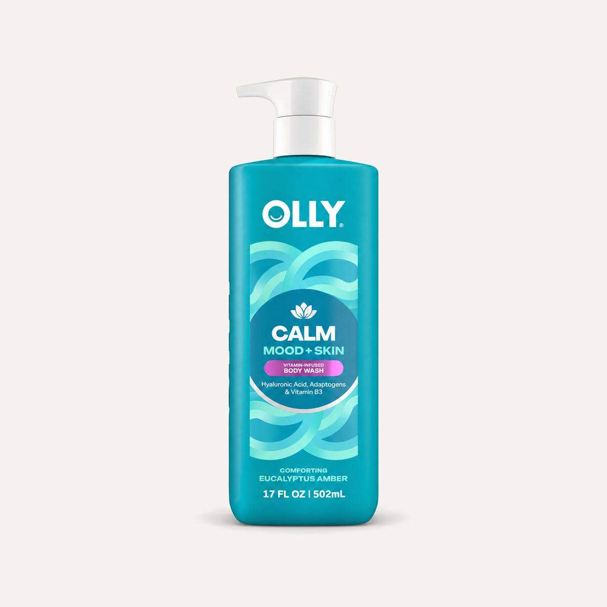 OLLY Calm Mood + Skin Body Wash 502 ml, turquoise bottle with a pump from the front | Ellemania