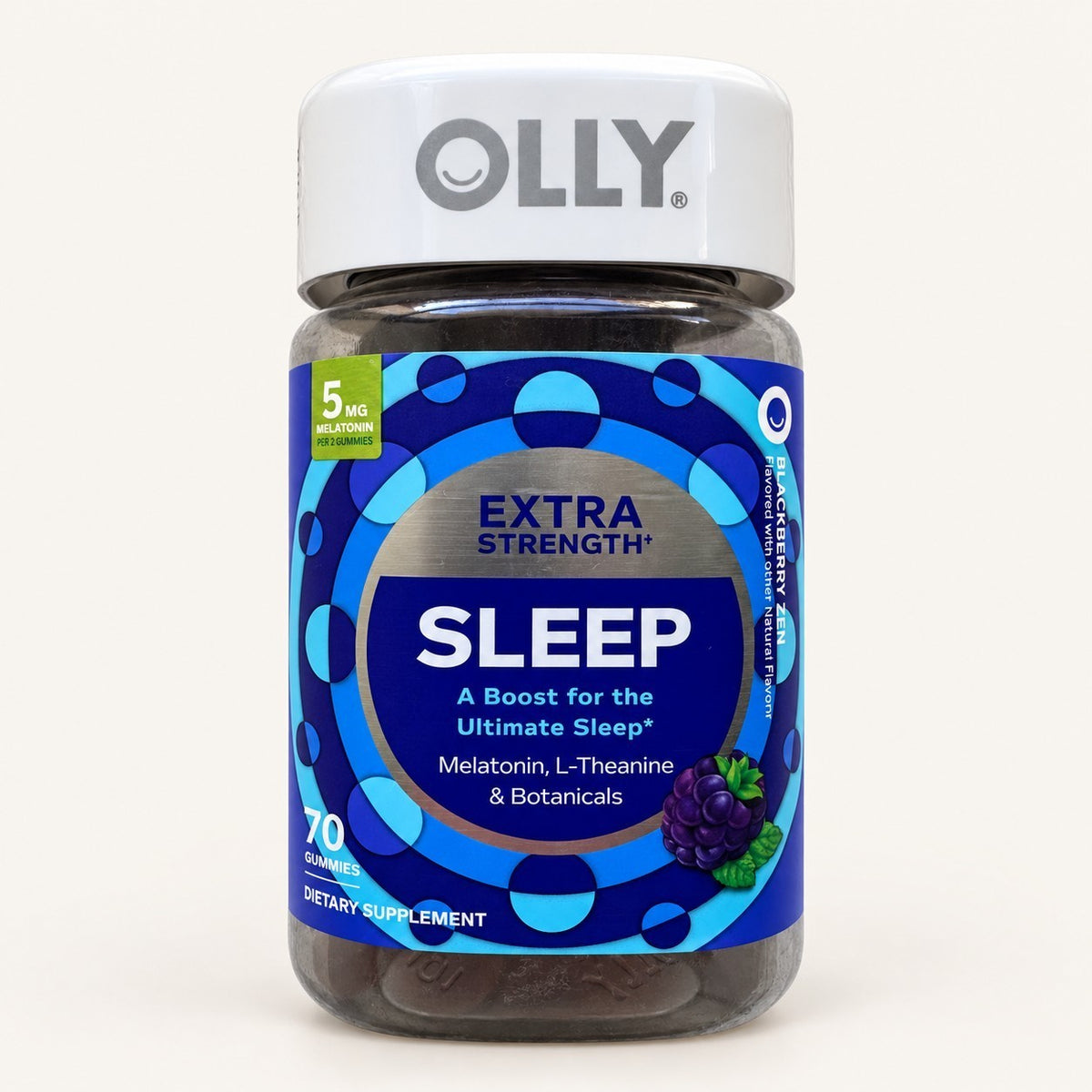 Olly Extra Strength Sleep - front of the jar of melatonin gummies, Blackberry Zen flavour, 70 count | Ellemania