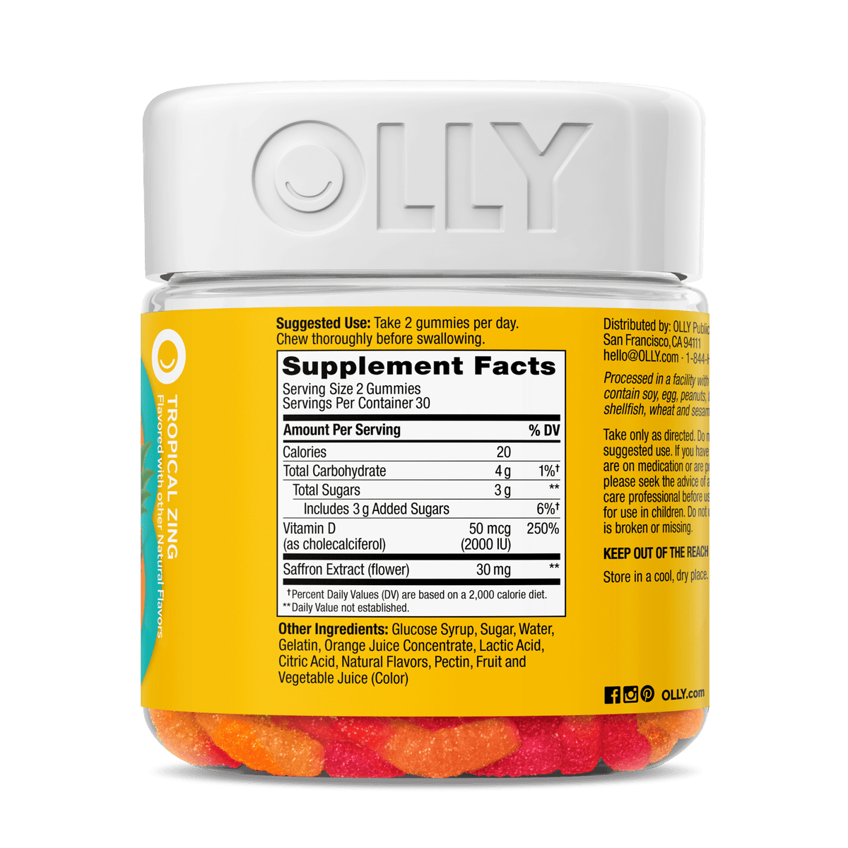 OLLY Hello Happy Gummy Worms 60 szt., tył opakowania z tabelą składników odżywczych | Ellemania