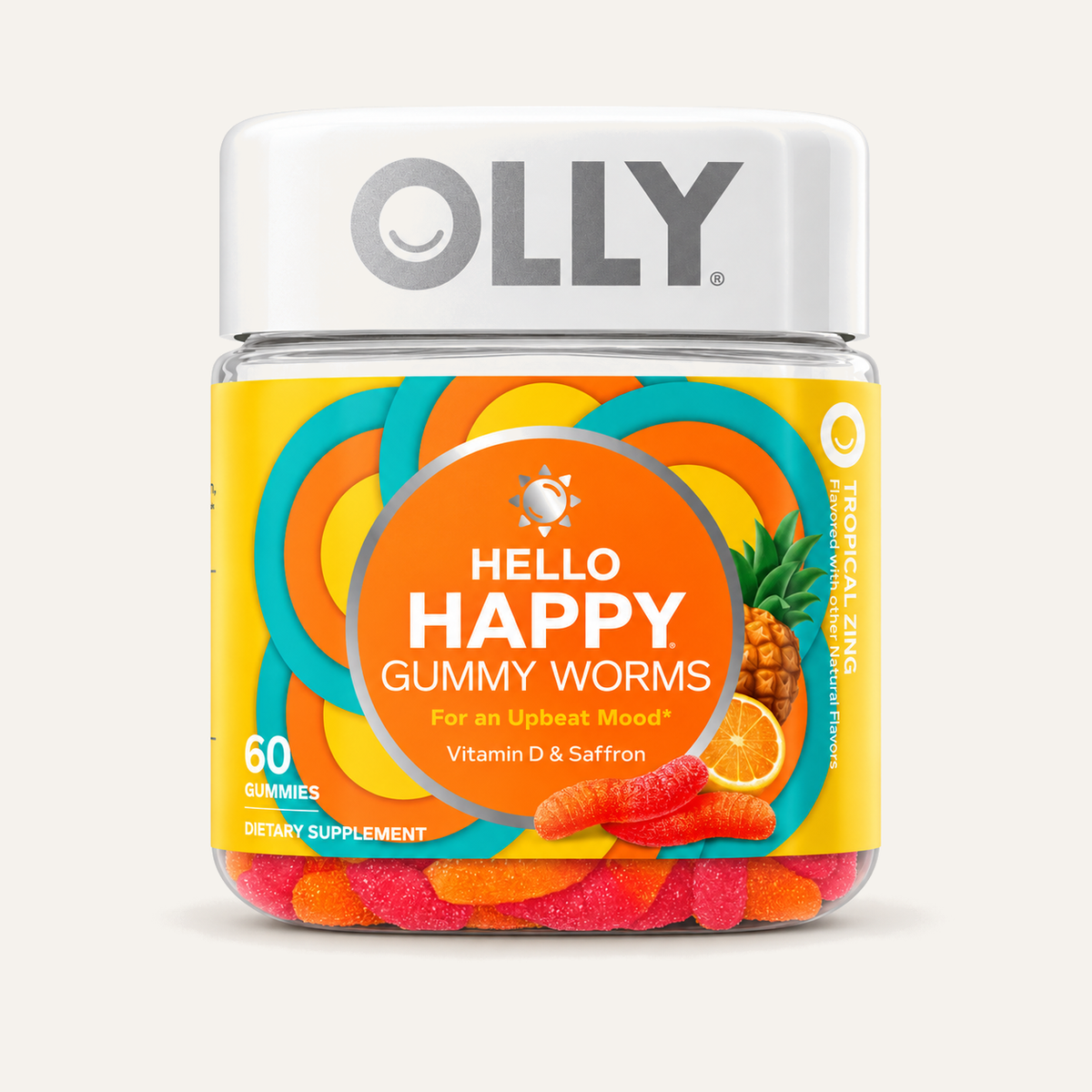 OLLY Hello Happy Gummy Worms, jar of gummies, front view | Ellemania