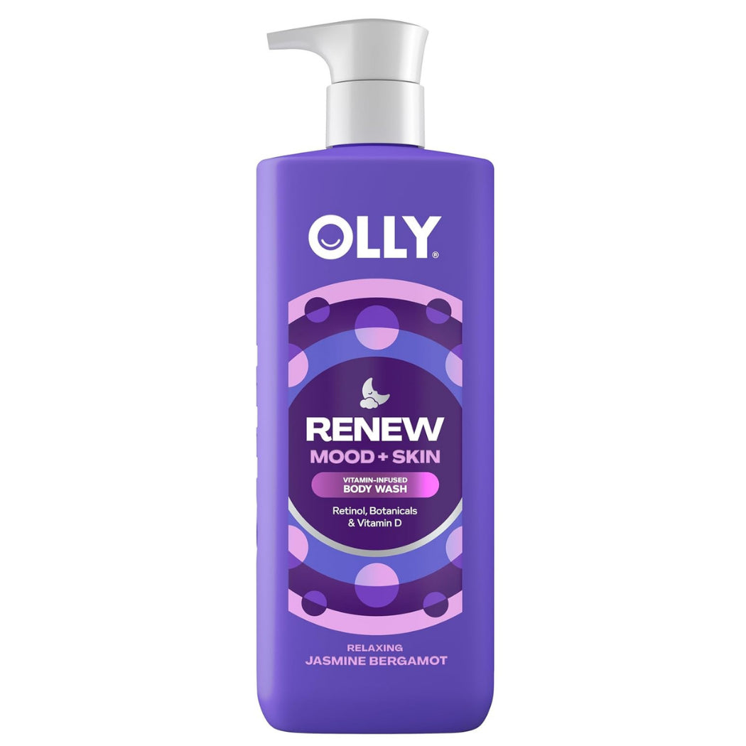 OLLY Renew Mood + Skin Body Wash Jasmine Bergamot 502 ml, purple bottle with a white pump, front view | Ellemania