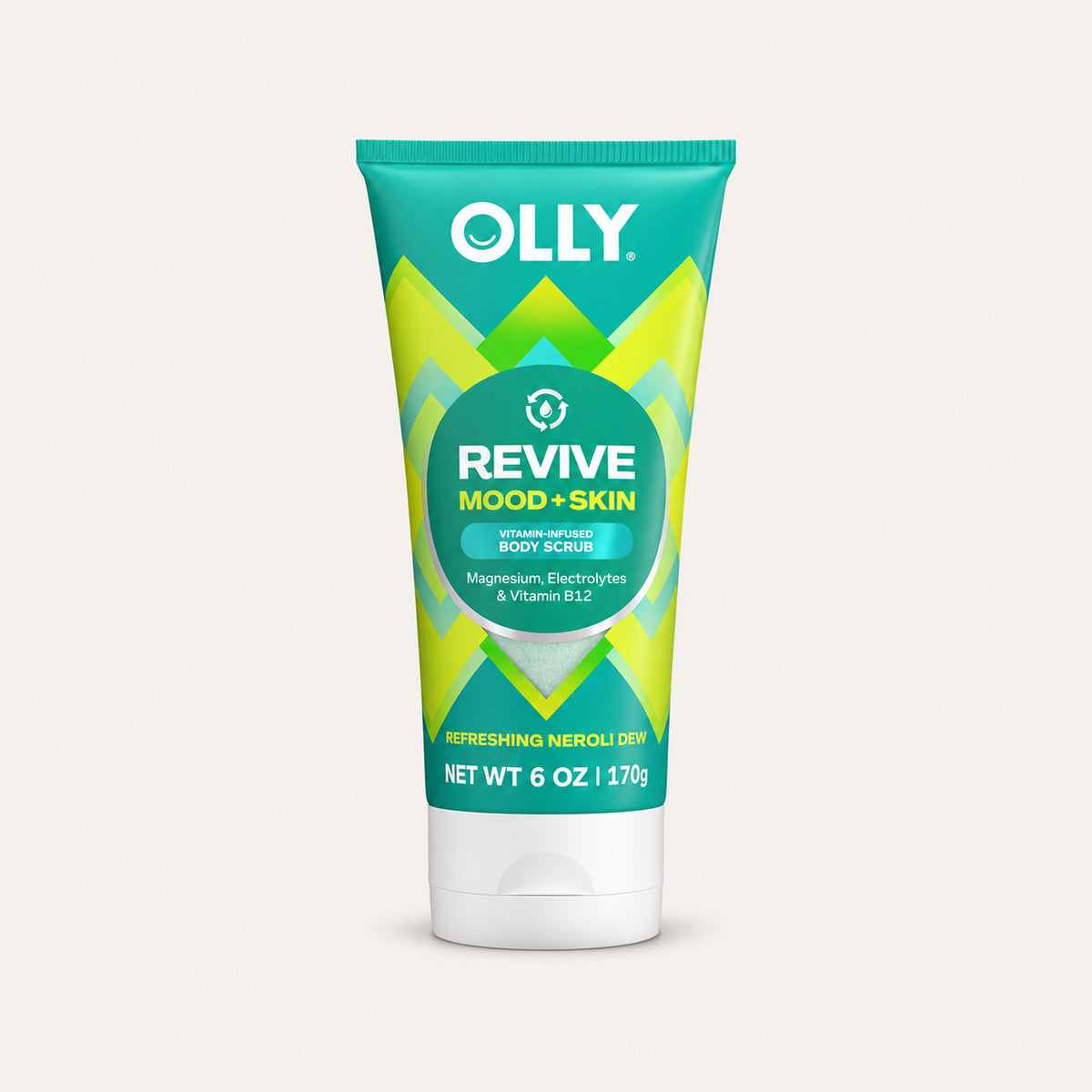OLLY Revive Mood + Skin Body Scrub Neroli Dew 170 g, green tube, front view | Ellemania