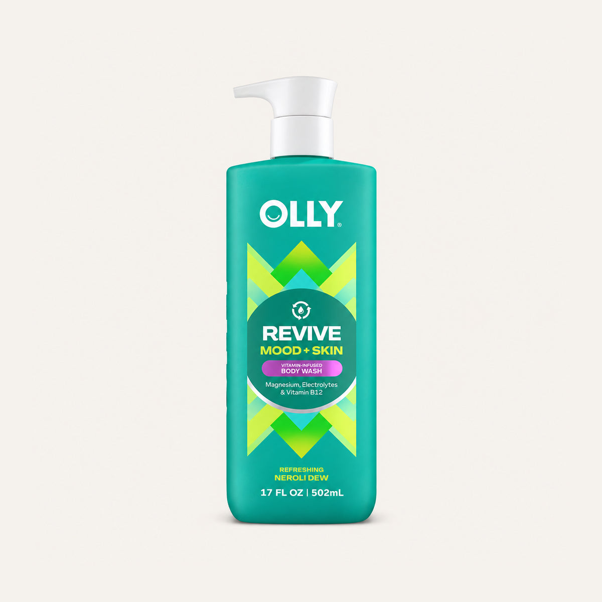 OLLY Revive Mood + Skin Body Wash 502 ml, green pump bottle, front view | Ellemania