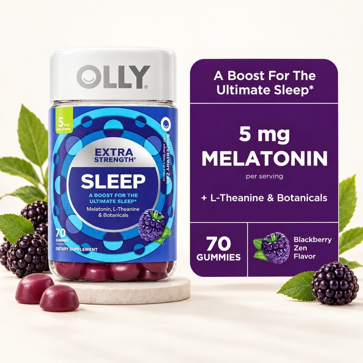Olly Extra Strength Sleep - jar of gummies against blackberries with a brand graphic about the gummy count | Ellemania