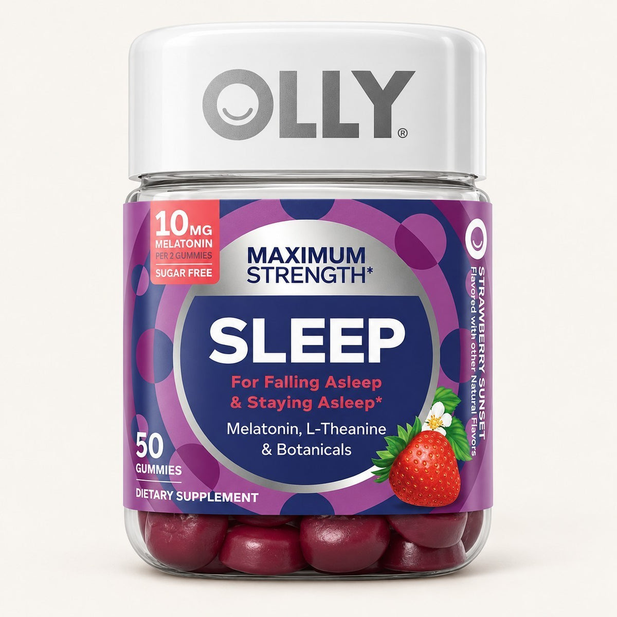 Olly Maximum Strength Sleep - front of the jar of melatonin gummies, Strawberry Sunset flavour, 50 count | Ellemania