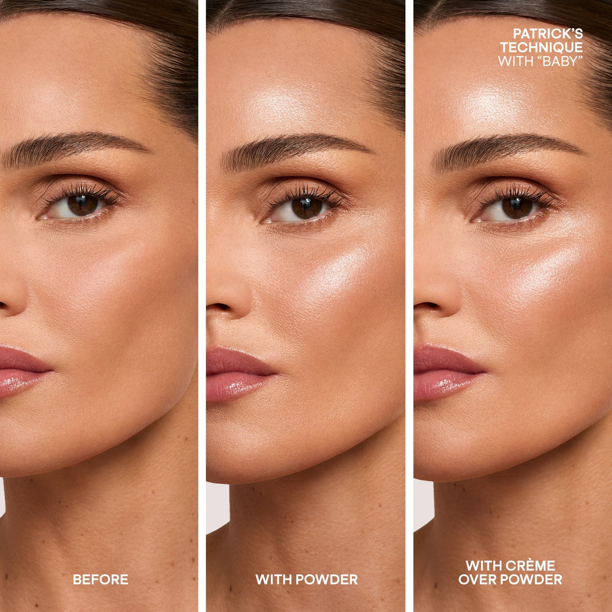 Patrick Ta Major Glow Crème & Powder Duo, twarz kobiety w trzech ujęciach: bez produktu, z pudrem i z kremem na pudrze | Ellemania