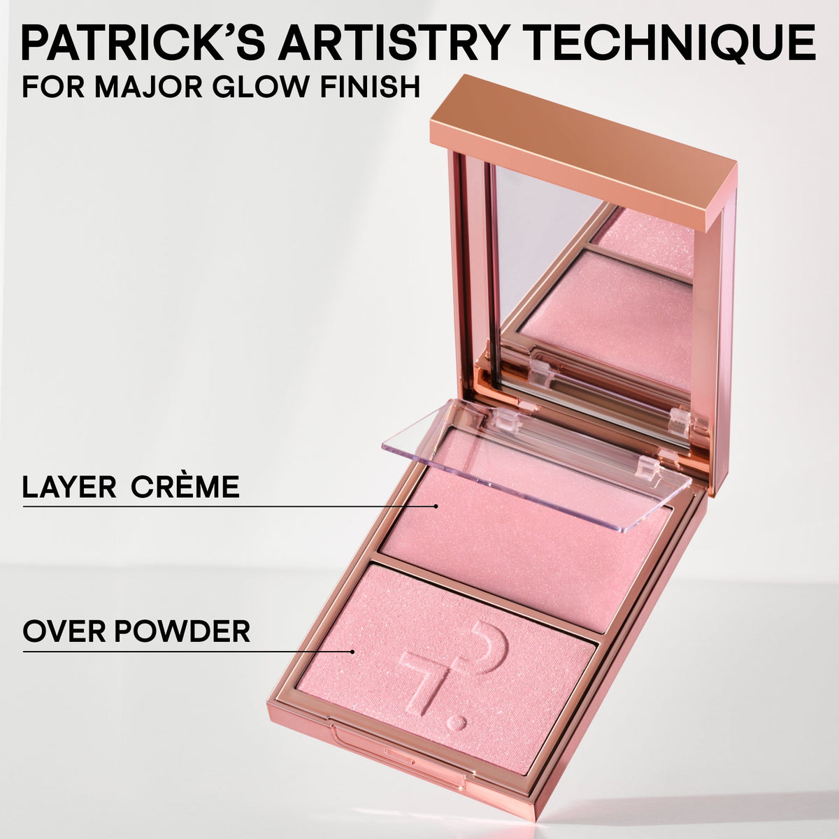 Patrick Ta Major Glow Crème & Powder Duo, paleta z rozświetlaczem w kremie i pudrze, z podpisami etapów aplikacji | Ellemania