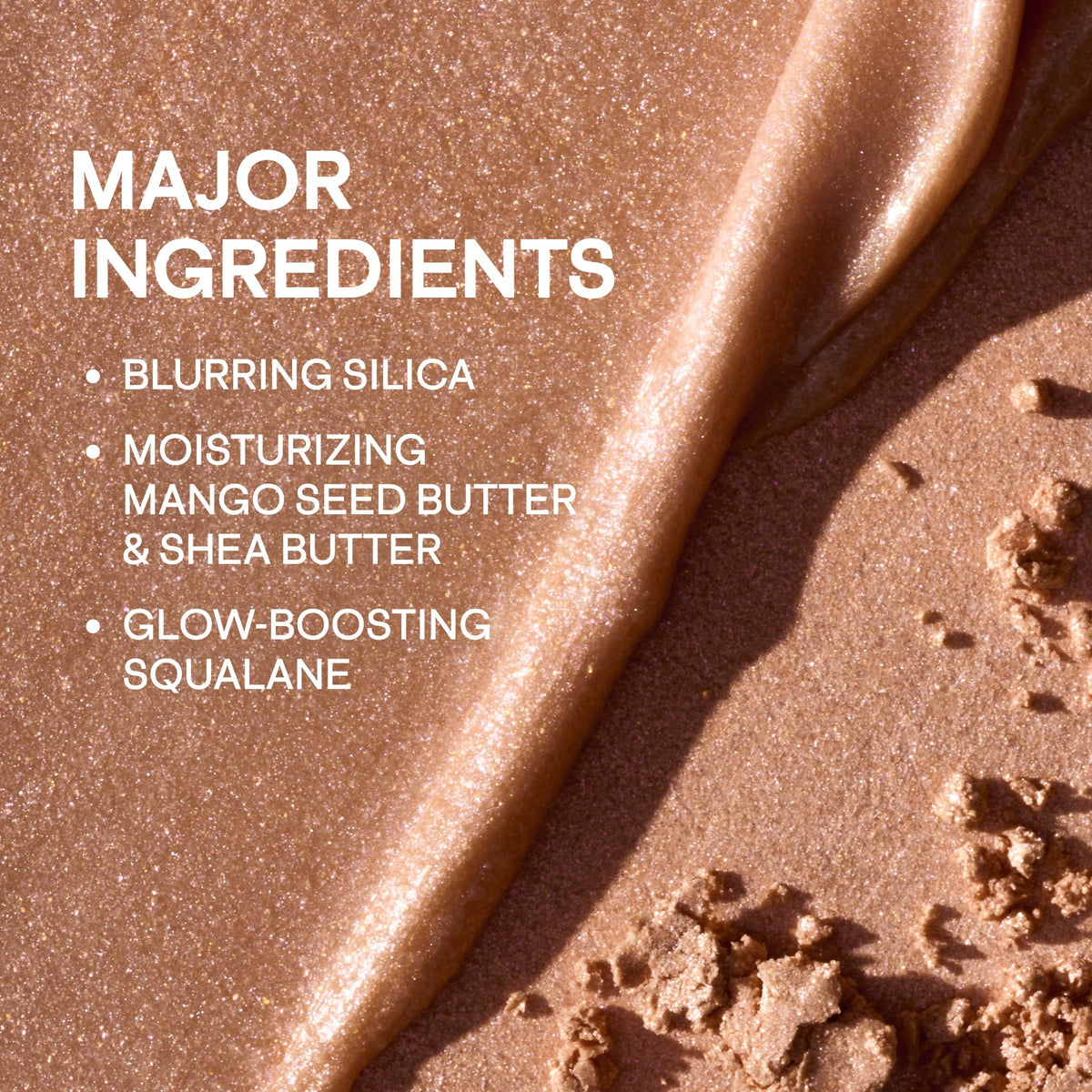 Patrick Ta Major Glow Crème & Powder Duo, infografika z listą głównych składników i teksturą kremu | Ellemania