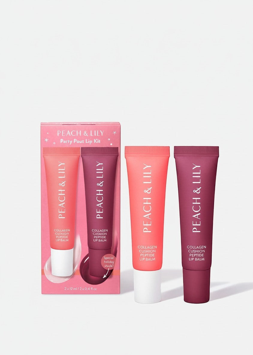 Zestaw nawilżających balsamów do ust Peach & Lily Party Pout od ellemania w dwóch odcieniach z opakowaniem
