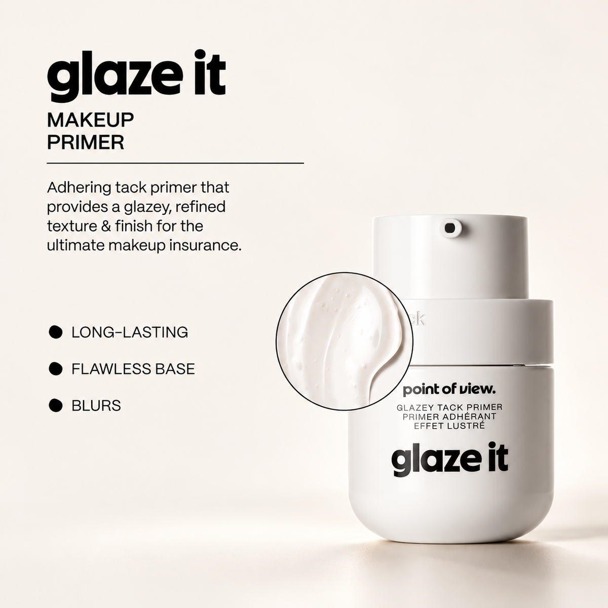 Point of View Glaze It 50 ml - white jar with a pump next to a circular close-up of the product's creamy texture | Ellemania