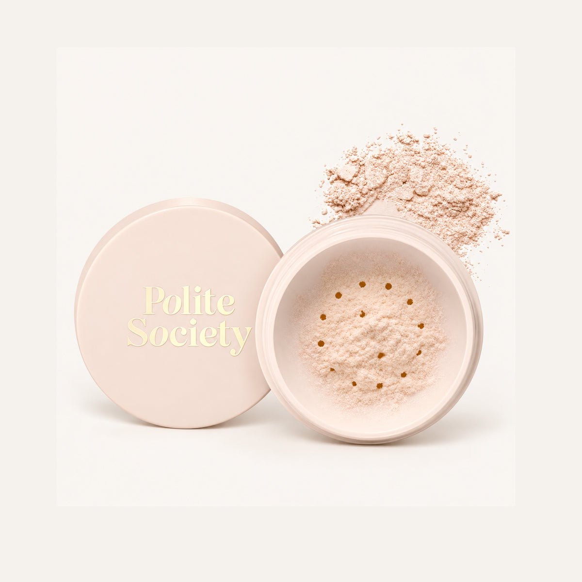 Polite Society More than a Pretty Powder Universal Translucent 10 g, open light beige jar with powder and sifter | Ellemania