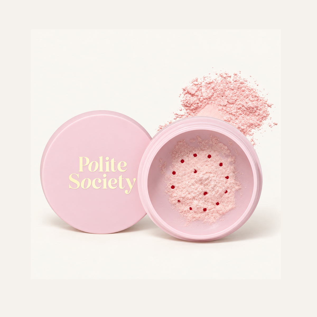 Polite Society More than a Pretty Powder Brightening Petal 10 g, open pink jar with powder and sifter next to the lid | Ellemania