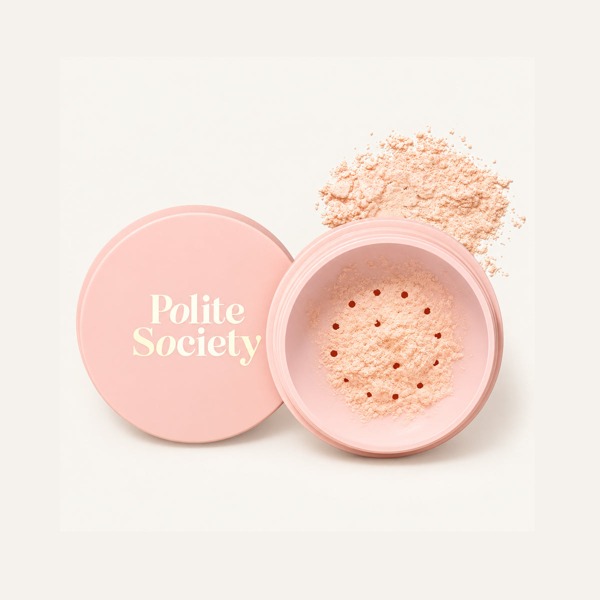 Polite Society More than a Pretty Powder Brightening Peach 10 g, open peach jar with loose powder and sifter | Ellemania