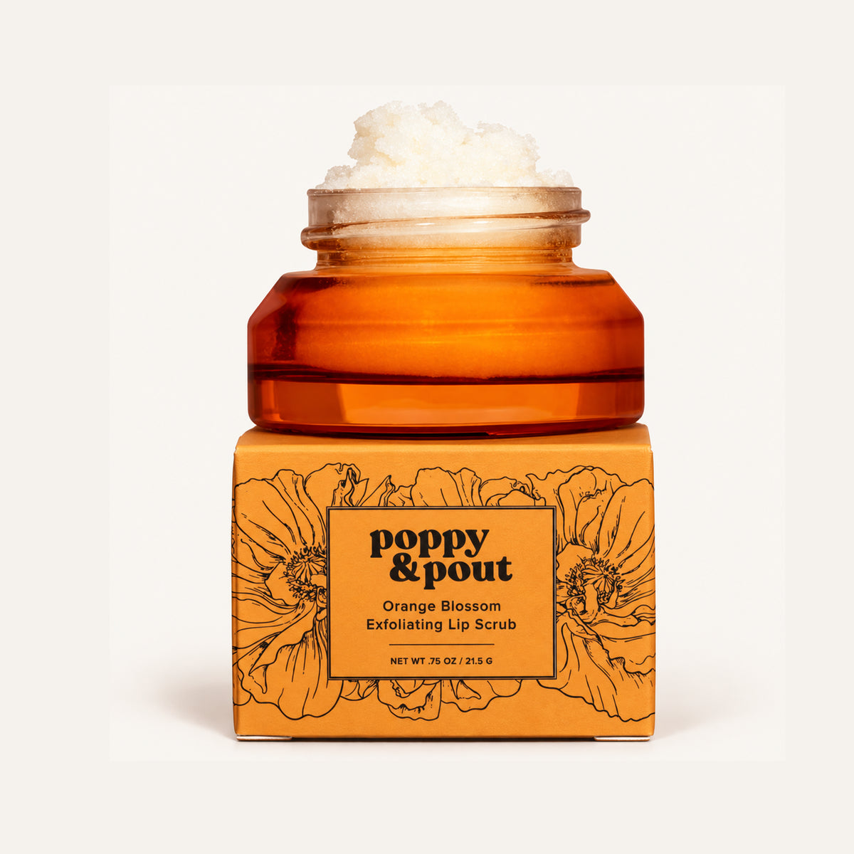 Poppy & Pout Orange Blossom Lip Scrub 21,5 g, słoiczek z otwartą pokrywką i peelingiem, pudełko z przodu | Ellemania