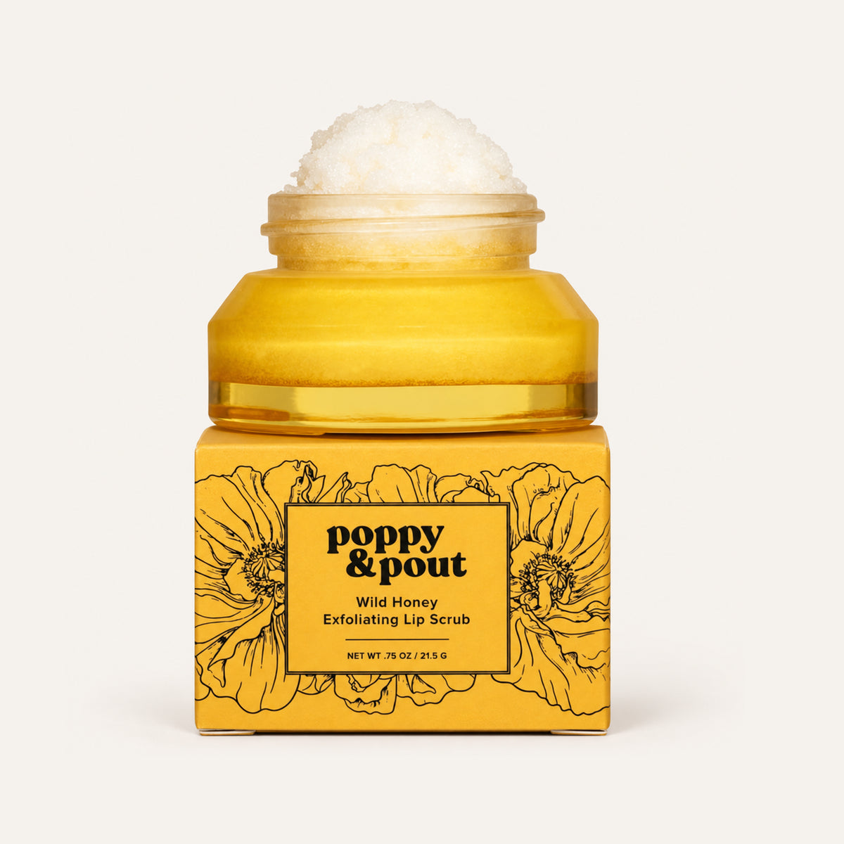 Poppy & Pout Wild Honey Exfoliating Lip Scrub 21.5 g, słoiczek z uchylonym peelingiem i pudełko z przodu | Ellemania