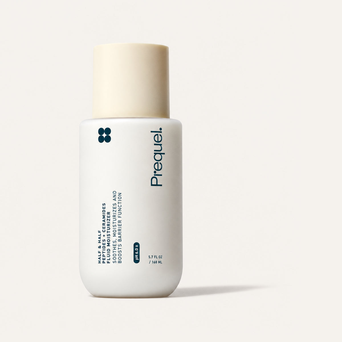 Prequel Half & Half Fluid Moisturizer 168 ml, white bottle with a beige cap, front view | Ellemania