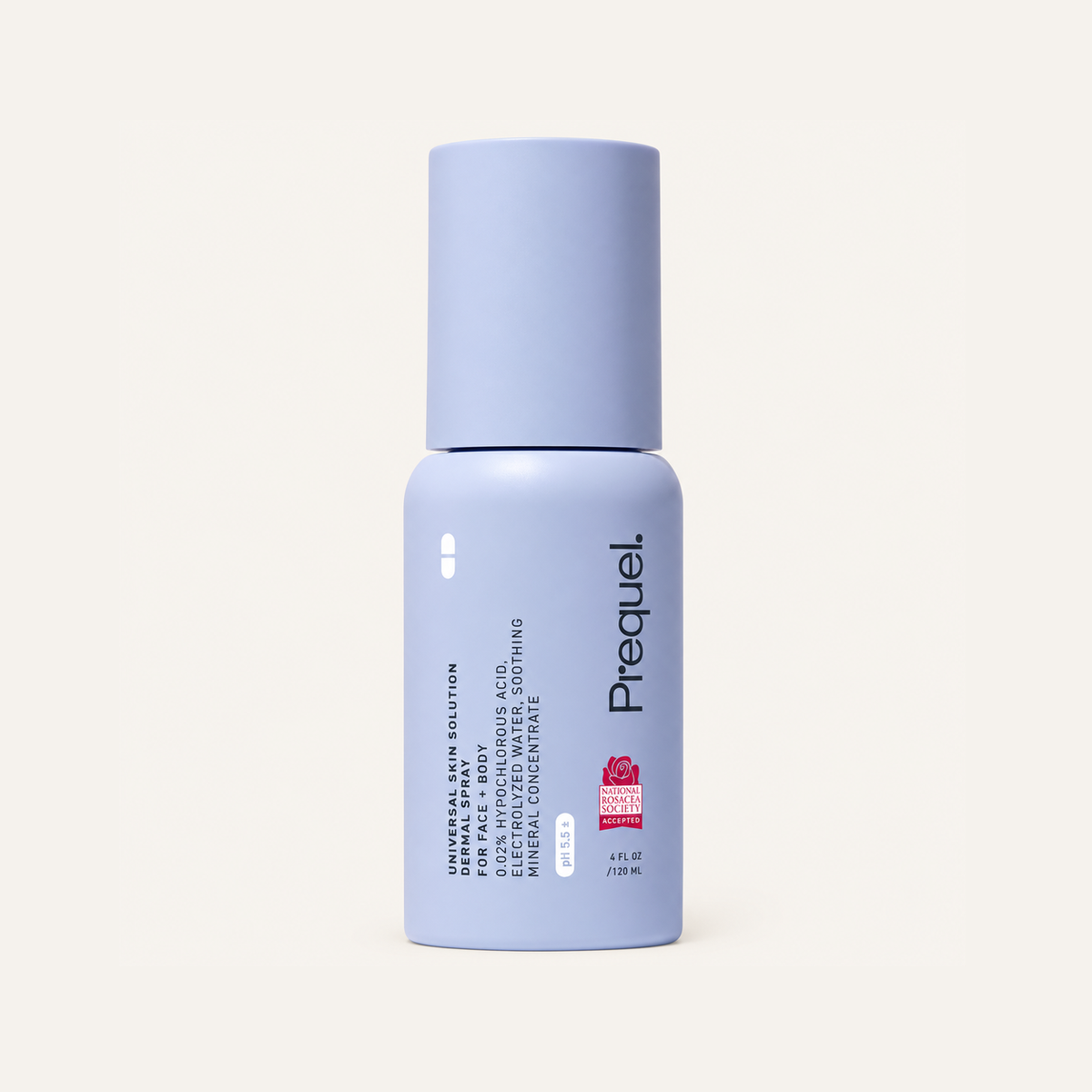 Prequel Universal Skin Solution Hypochlorous Acid Spray 120 ml, lilac bottle with an atomiser, front view | Ellemania