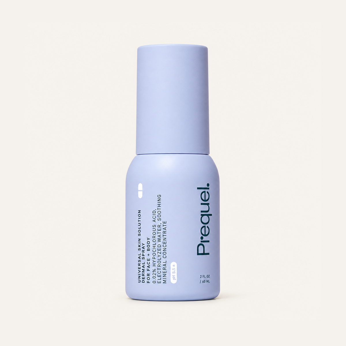 Prequel Universal Skin Solution Hypochlorous Acid Spray 60 ml, lilac bottle with an atomiser, front view | Ellemania