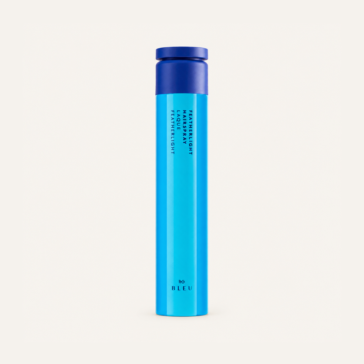 R+Co Bleu Featherlight Hairspray 236 ml, blue can, front view | Ellemania