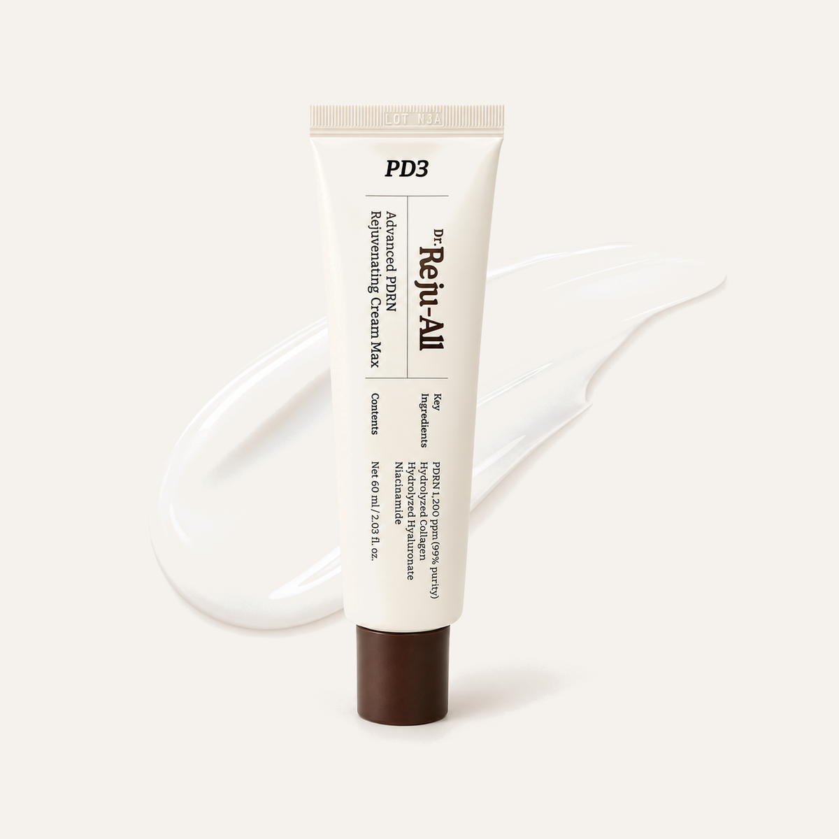 RejuAll Advanced PDRN Rejuvenating Cream V 2025, white tube with a brown cap beside a smear of cream | Ellemania