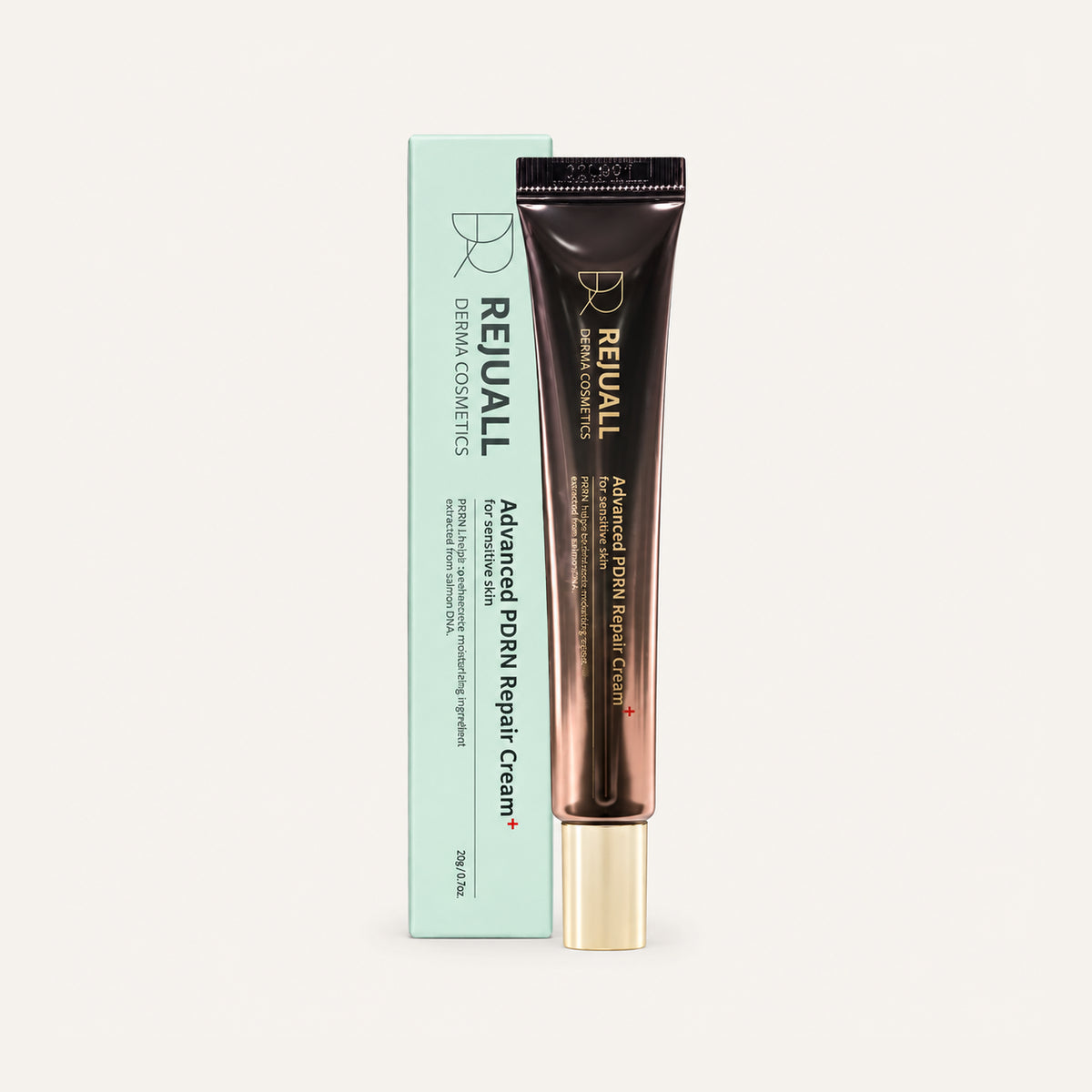 Rejuall Advanced PDRN Repair Cream 20 g, brown tube next to a mint-coloured box | Ellemania