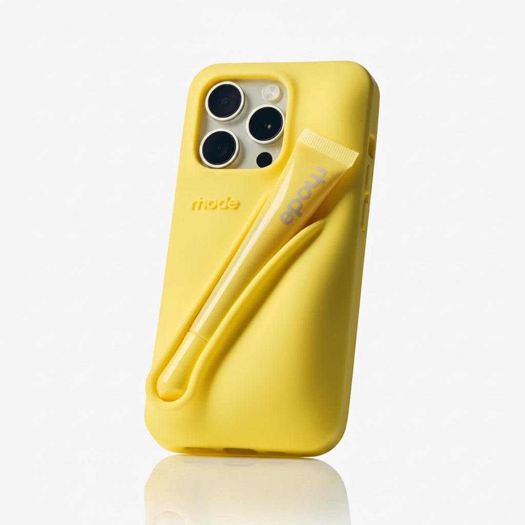 Żółte silikonowe etui ellemania Rhode Lip Case na iPhone z wbudowanym uchwytem na błyszczyk Peptide Lip Treatment