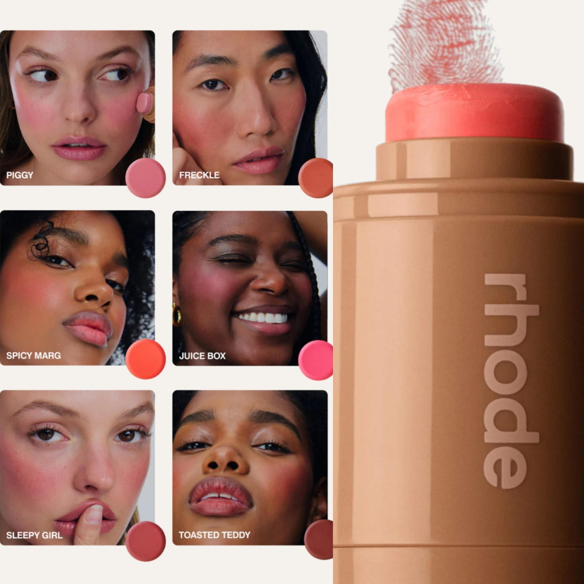 Rhode Pocket Blush 2w2, sześć odcieni różu na zdjęciach twarzy z nazwami wariantów, sztyft z odkręconą nasadką | Ellemania