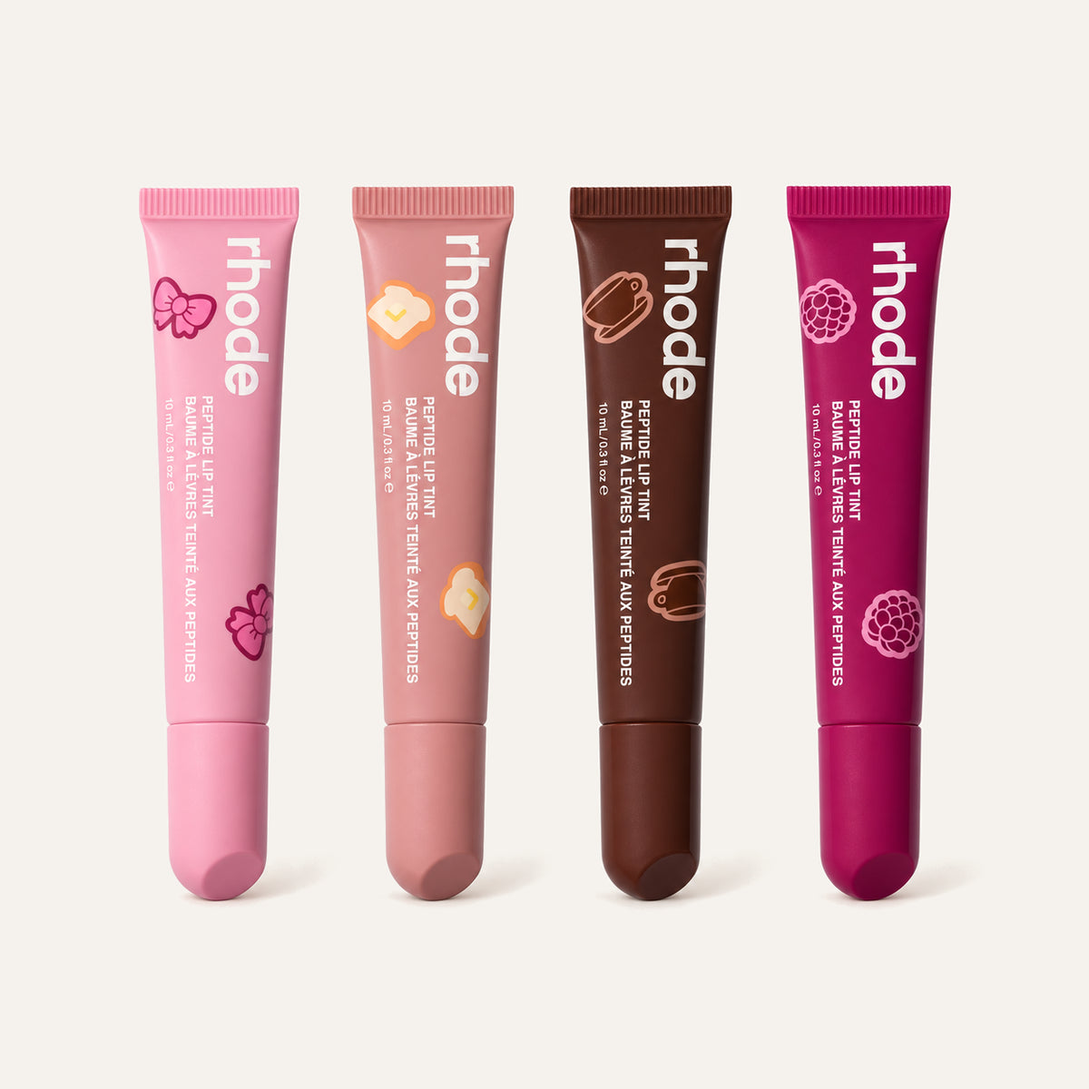 Rhode Scented Peptide Lip Tint, four tubes in four shades, front view | Ellemania