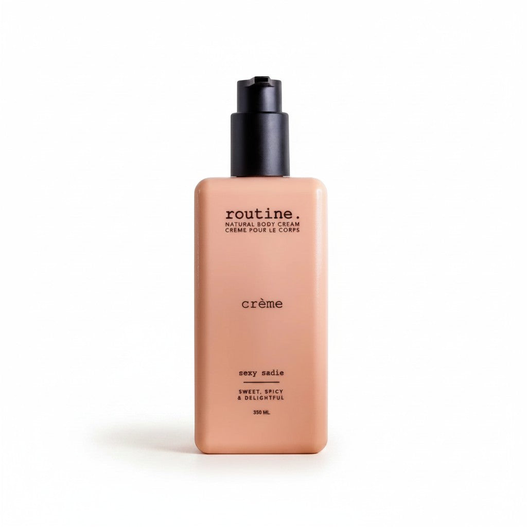 Naturalny krem do ciała Routine Natural Beauty od ellemania w beżowej butelce z pompką o pojemności 350 ml