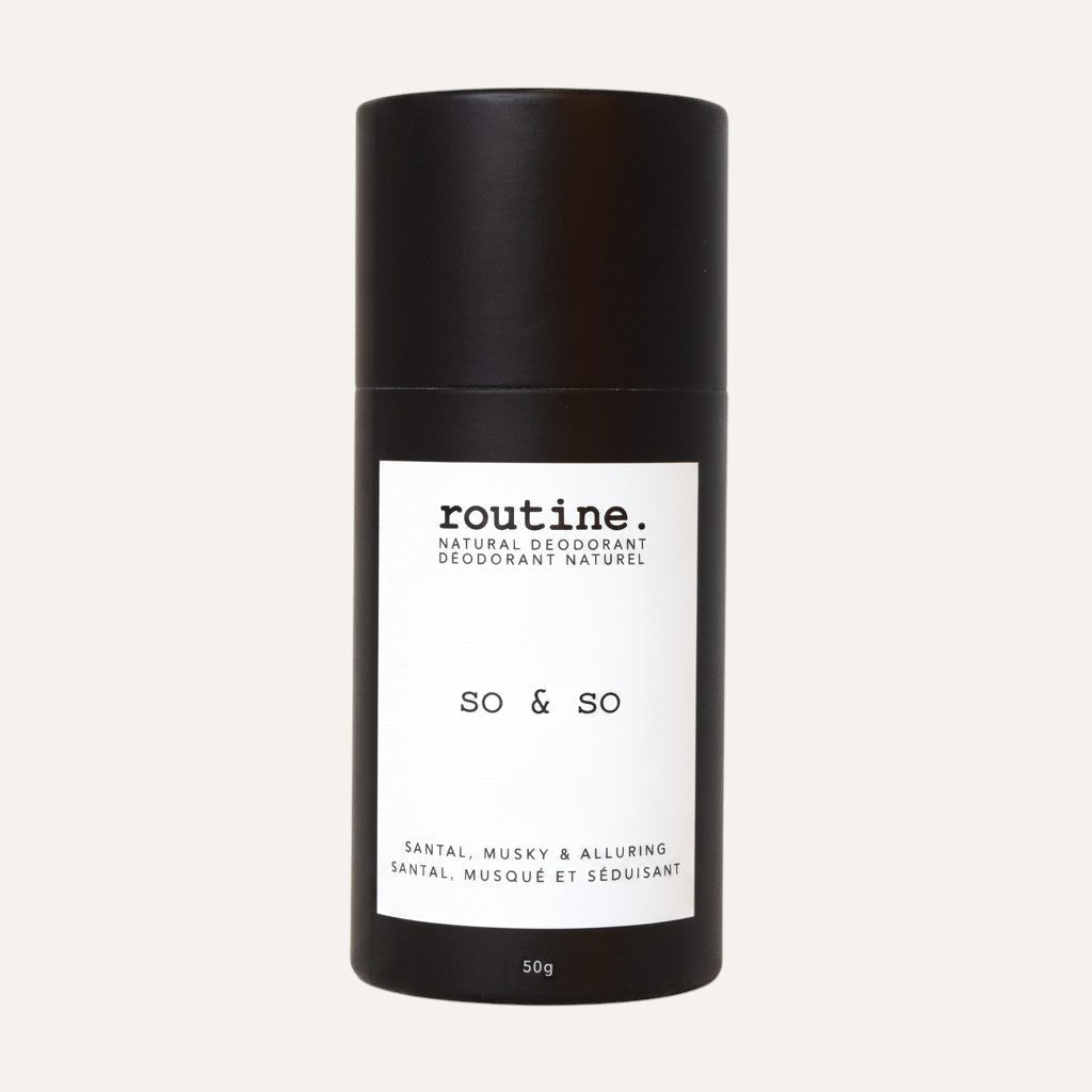 Routine Natural Deodorant 50 g, wariant So & So, czarne opakowanie z przodu z białą etykietą | Ellemania
