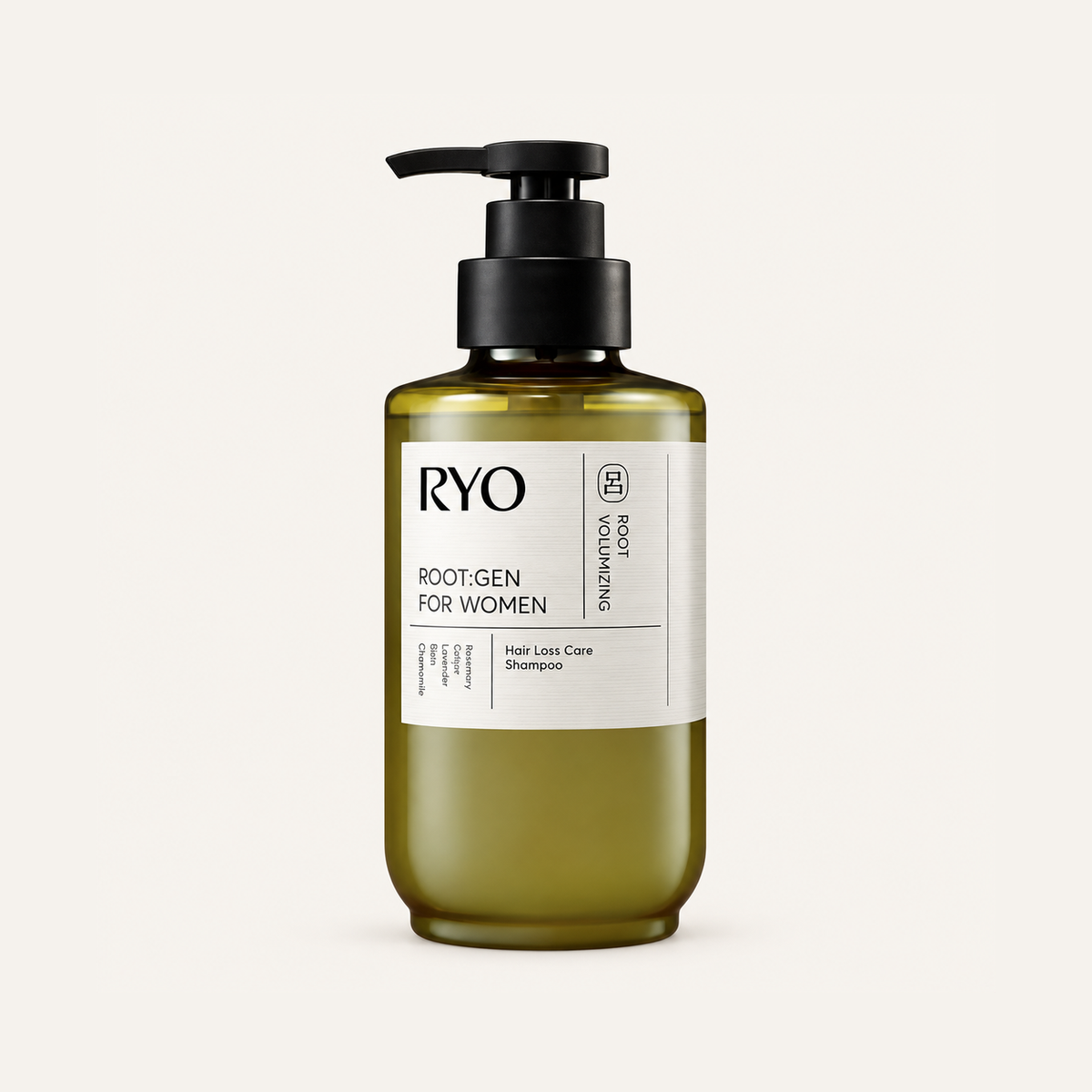 Ryo Root:Gen Scalp Care Shampoo for Women 353 ml, oliwkowa butelka z pompką z przodu | Ellemania