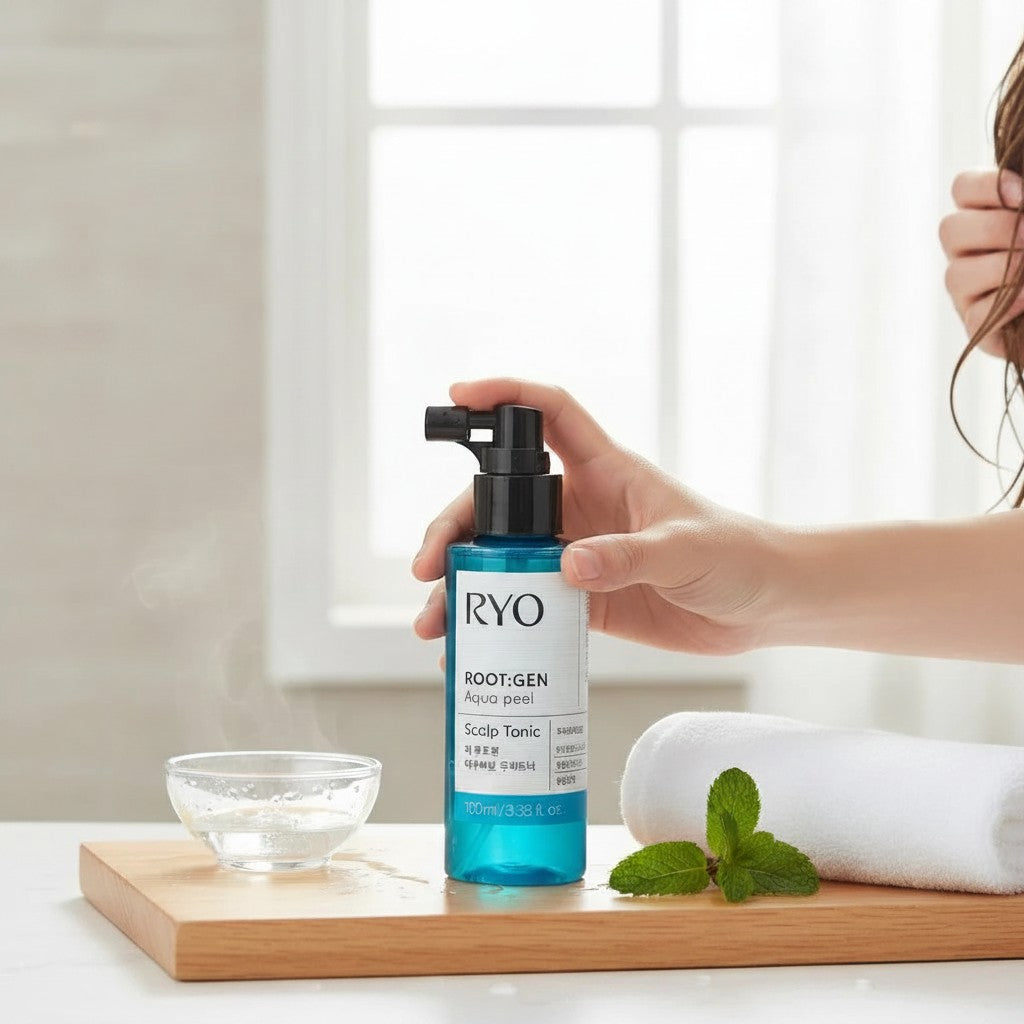 Tonik do skóry głowy Ryo Root Gen Aqua Peel w niebieskiej butelce z atomizerem na drewnianej desce z miętą