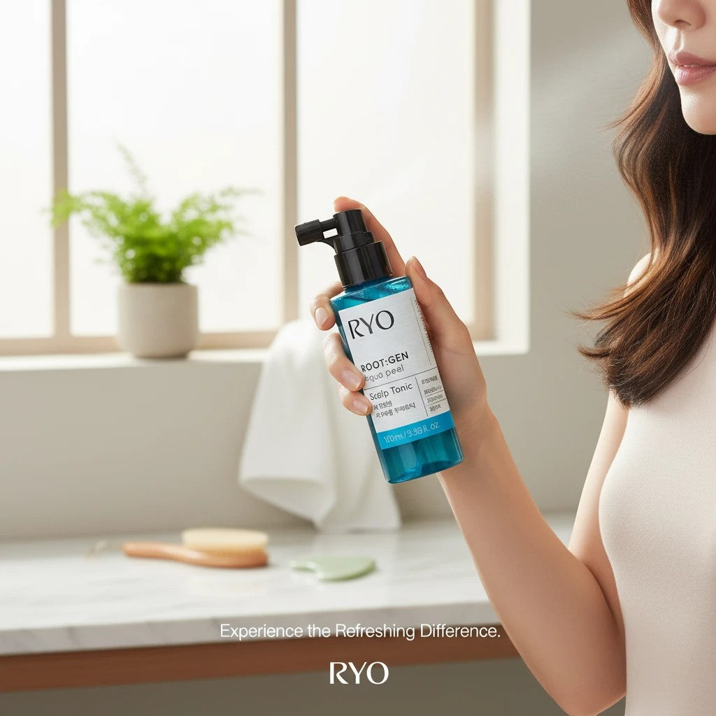 Kobieta trzymająca niebieski tonik Ryo Root Gen Aqua Peel do skóry głowy w jasnej łazience