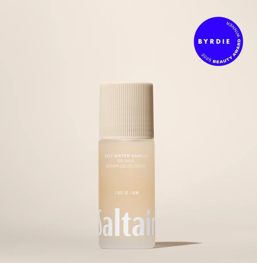 ellemania Saltair 5% AHA Serum Deodorant Salt Water Vanilla w szklanej butelce roll-on z nagrodą Byrdie 2025