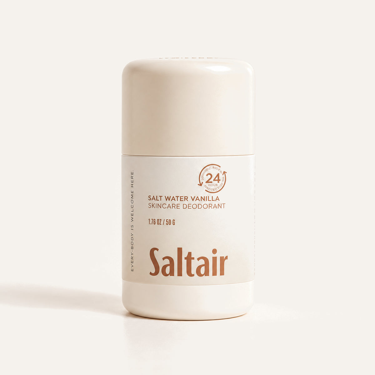 Saltair Skincare Deodorant Salt Water Vanilla - beige 50 g stick with a Salt Water Vanilla Skincare Deodorant label and the Saltair logo, on a cream background | Ellemania