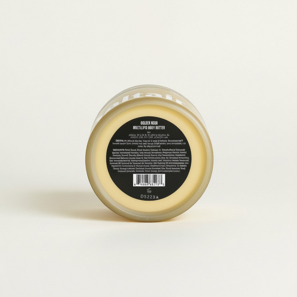 Spód słoiczka masła do ciała Saltair Multi-Lipid Body Butter od ellemania z widoczną etykietą i kodem kreskowym