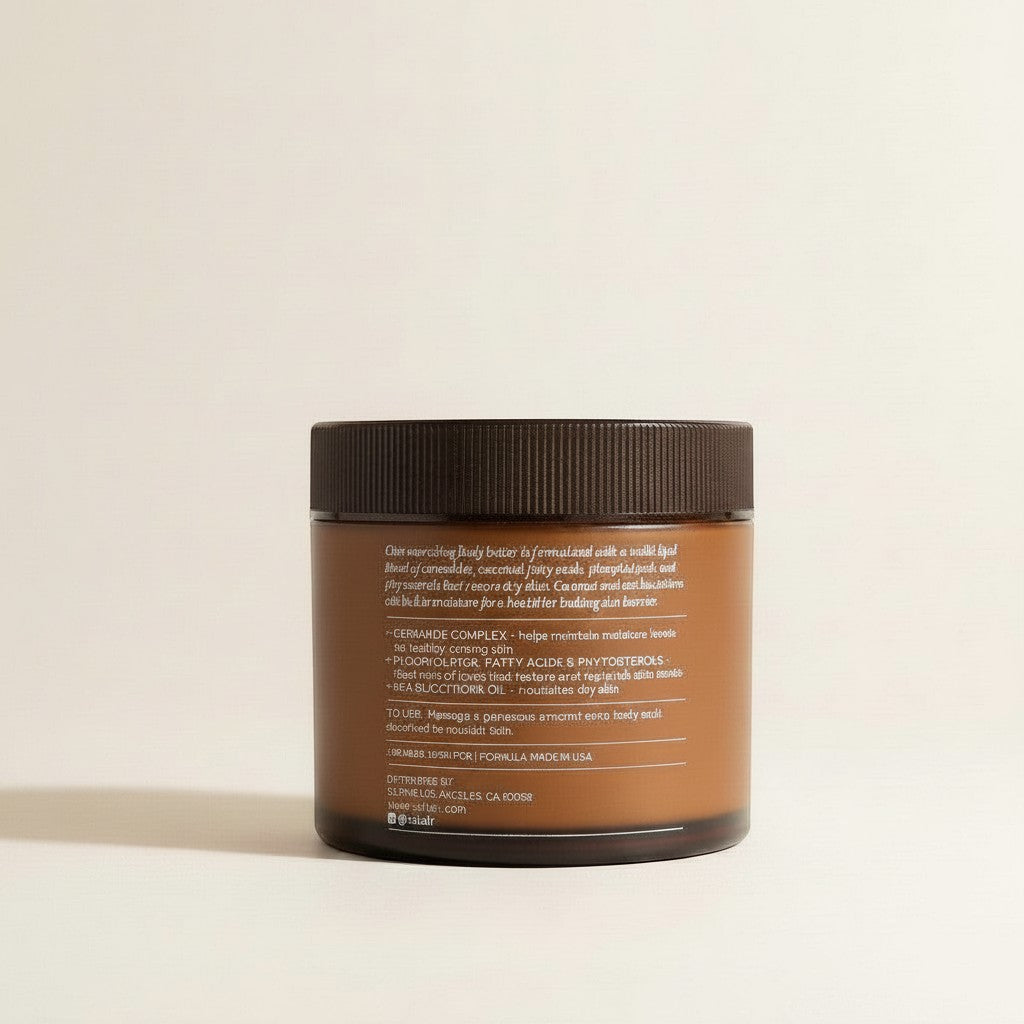 Słoiczek masła do ciała Saltair Multi-Lipid Body Butter od ellemania z opisem składników na etykiecie
